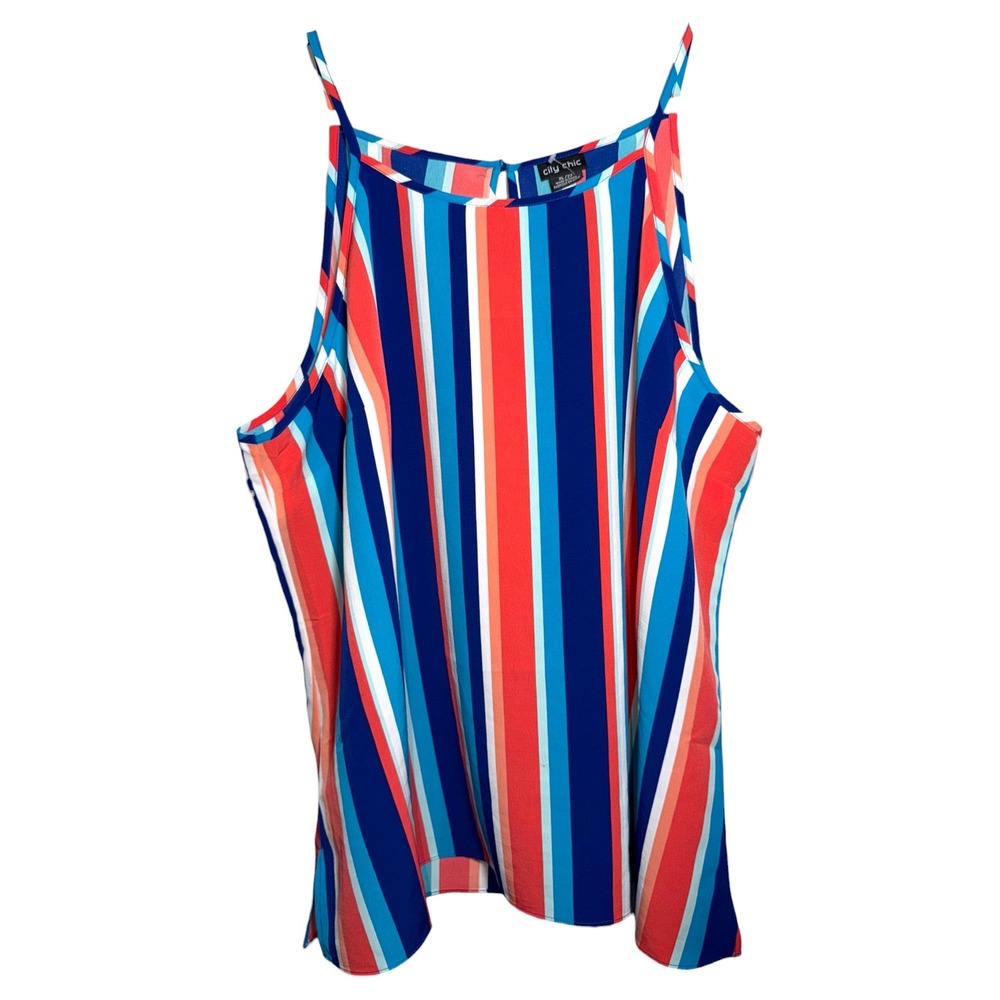 City Chic XL 22 Striped Cami Tank Top Blue Coral Sleeveless Keyhole Plus